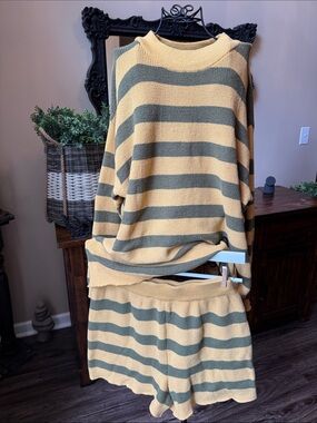 Striped Knit Two-Piece Lounge Set in Mustard & Olive